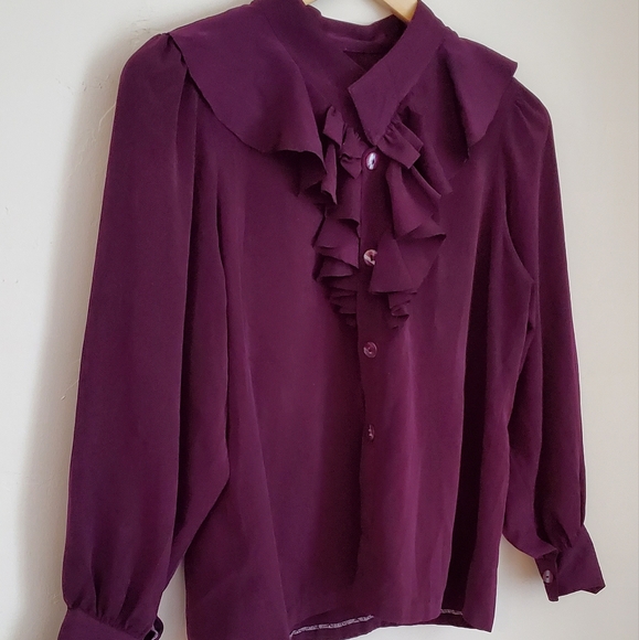 Plum Ruffle Vintage 80s Long Sleeve Button Up Blouse - Picture 9 of 13